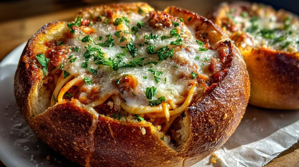 Spaghetti Garlic Bread Bowls