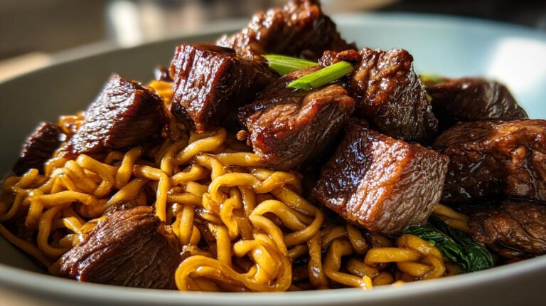 steak bites and noodles
