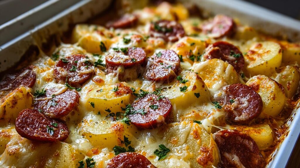 cheesy smoked sausage and potatoes bake