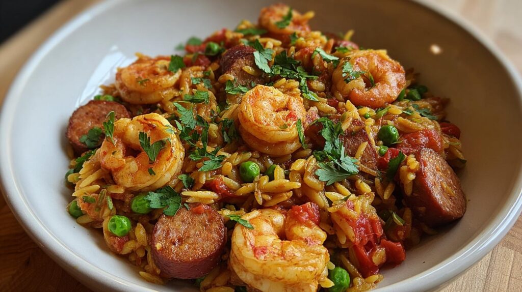 one-skillet shrimp and sausage orzo