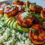 keto grilled shrimp avocado rice bowl