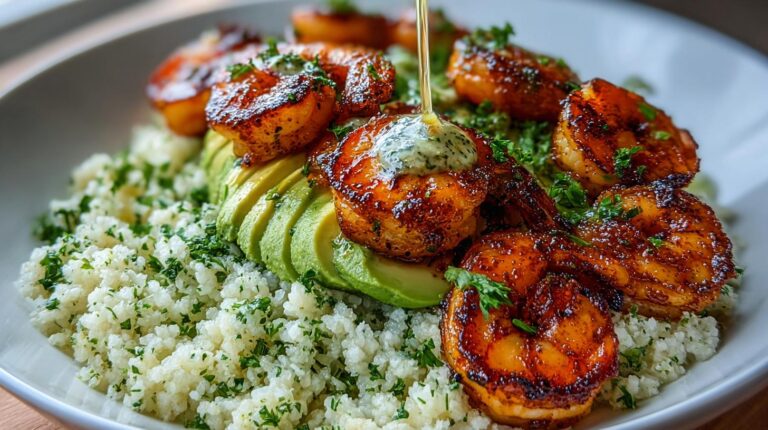 keto grilled shrimp avocado rice bowl