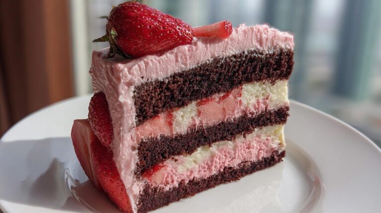 Chocolate vanilla strawberry layer cake