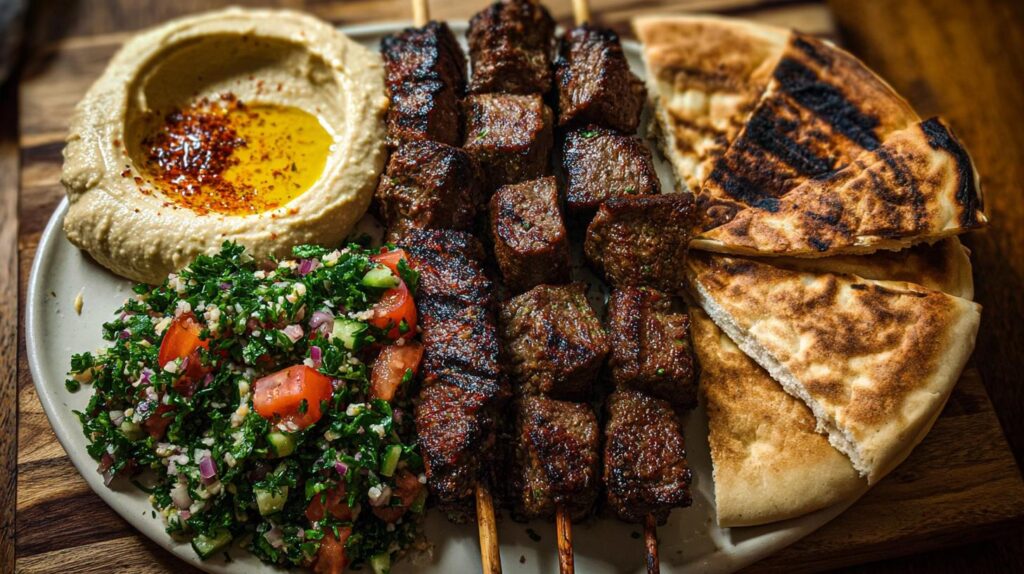 Middle Eastern beef kebab platter
