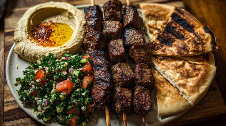 Middle Eastern beef kebab platter