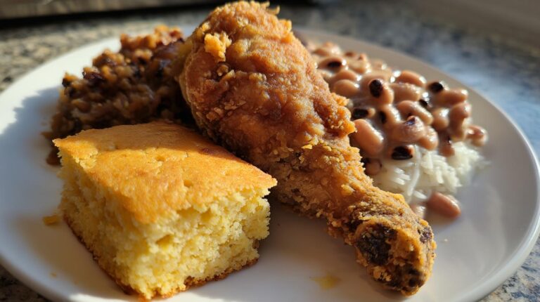 Southern fried chicken and black eyed peas