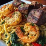 Garlic butter steak and shrimp pasta