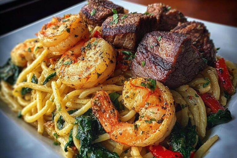 Garlic butter steak and shrimp pasta